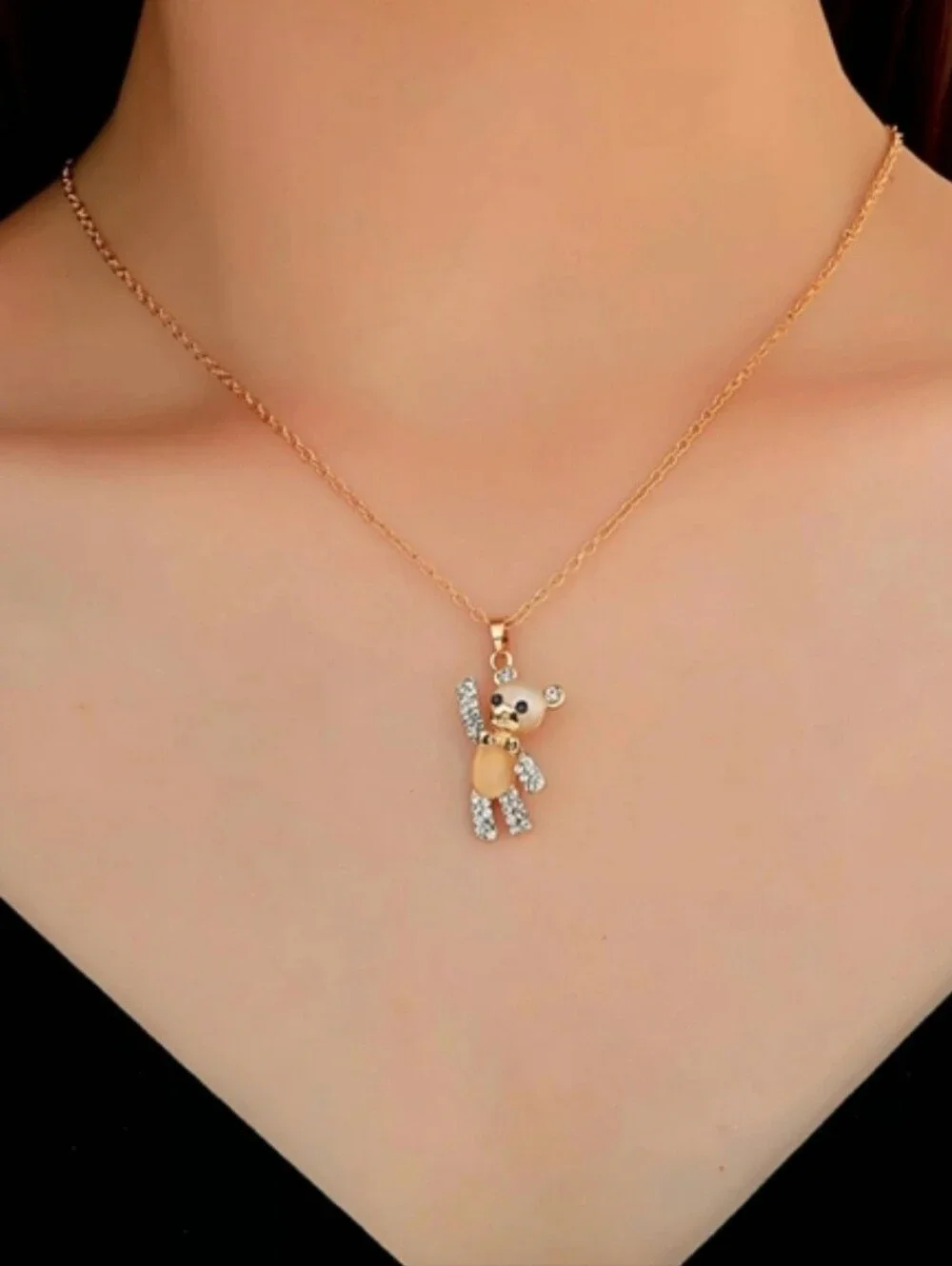 Gold Teddy Bear Cats Eye Gemstone Rhinestone Necklace Necklaces